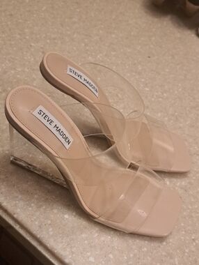 Gorgeous!  Steve Madden Nude Clear-Strap Block Heel Sandals